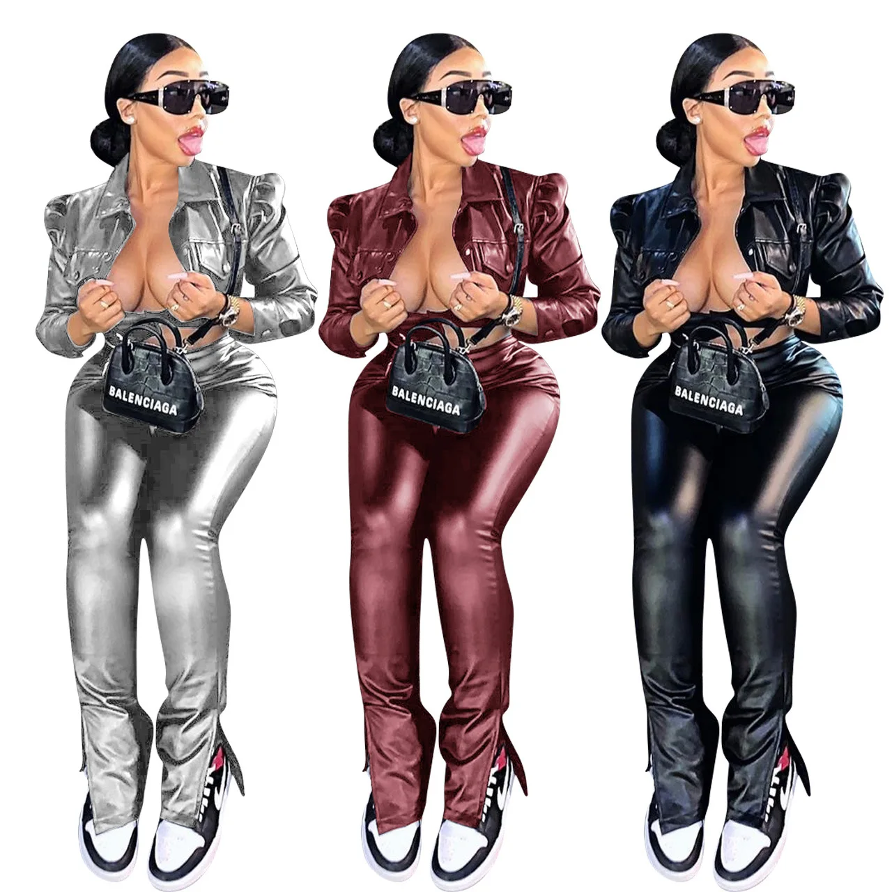 PU Girls Clothing Set INS Fashion Women Set 2 Pieces Set Long sleeve pantsuit punk suit Wholesale