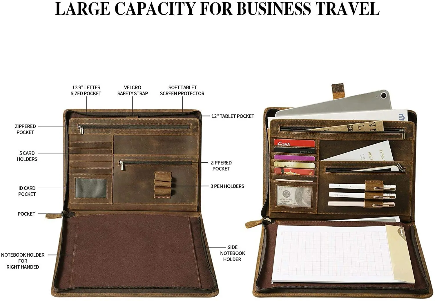 Custom Water Resistant Padfolio Portfolio Genuine Leather Binder Business Folder Resume Document Organizer Notebook with Zipper