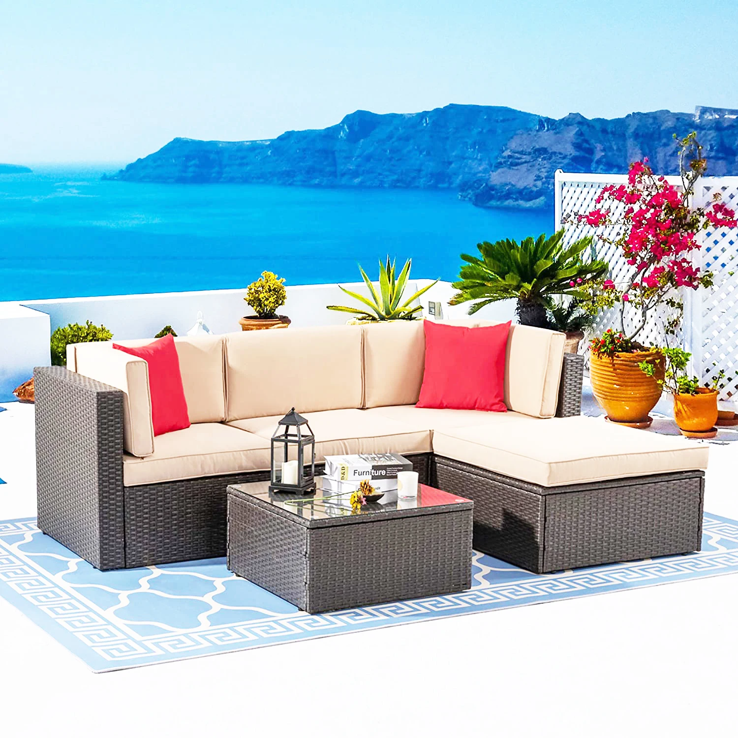 Outdoor Furniture Patio Conversation Set, 5pcs Wicker Sectional Rattan Garden Sofa With Lounge, Waterproof Rustproof Furniture