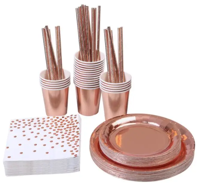 Custom Rose Gold Eco Friendly Cheap Disposable Wedding Paper Plates Set Party