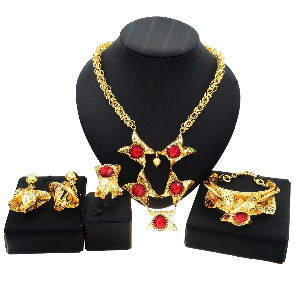 Zhuerrui Gold Plated Luxury Jewelry Sets Dubai Red Enamel Necklace Set Pakistan Ladies Fashion Wedding Jewelry Sets HC21030719