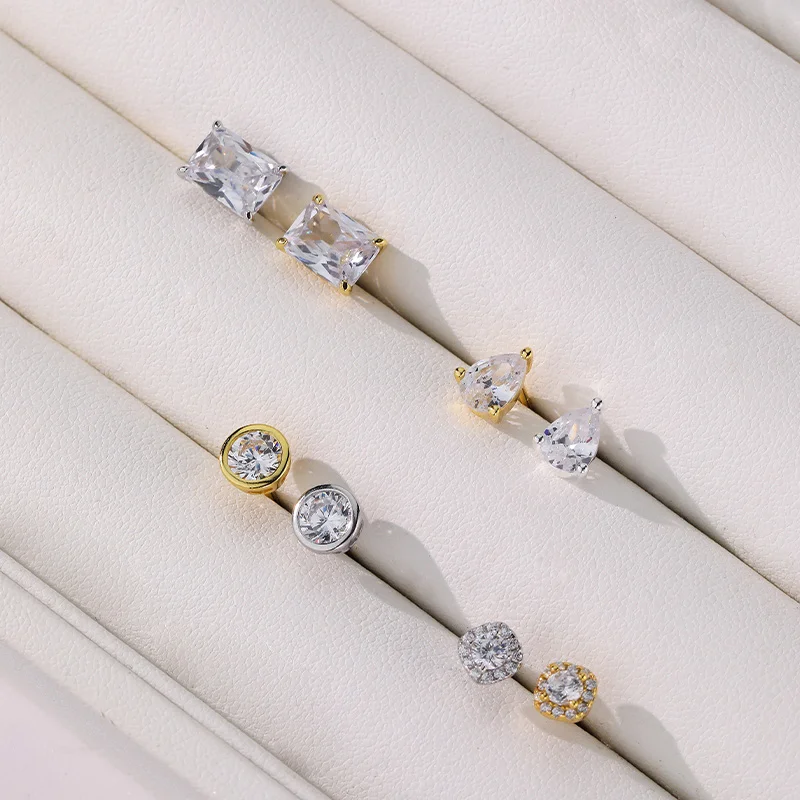 Elegant Trendy 925 Sterling Silver Zircon Diamond Water Drop Round Square Fancy Stud Earrings for Girls Women