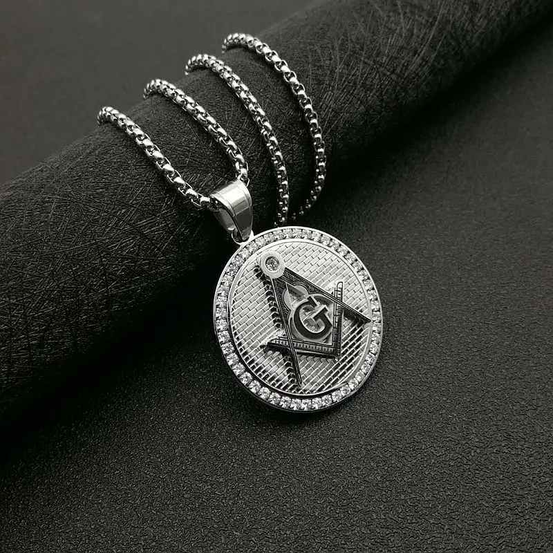New Hot Selling Fashion Luxury Classic Vintage Diamond Zircon Masonic Stainless Steel Pendant Necklace For Men And Women