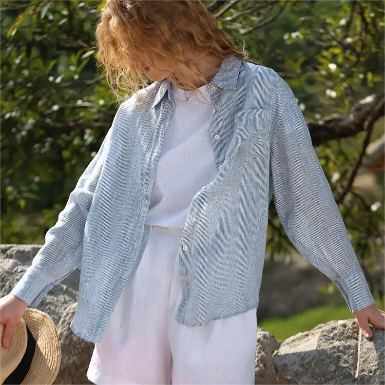 Wholesale OEM Casual Loose Long Sleeve Turn Down Collar Tops Blue White Stripe Button Shirt 100% Pure Linen Women Shirts Ladies