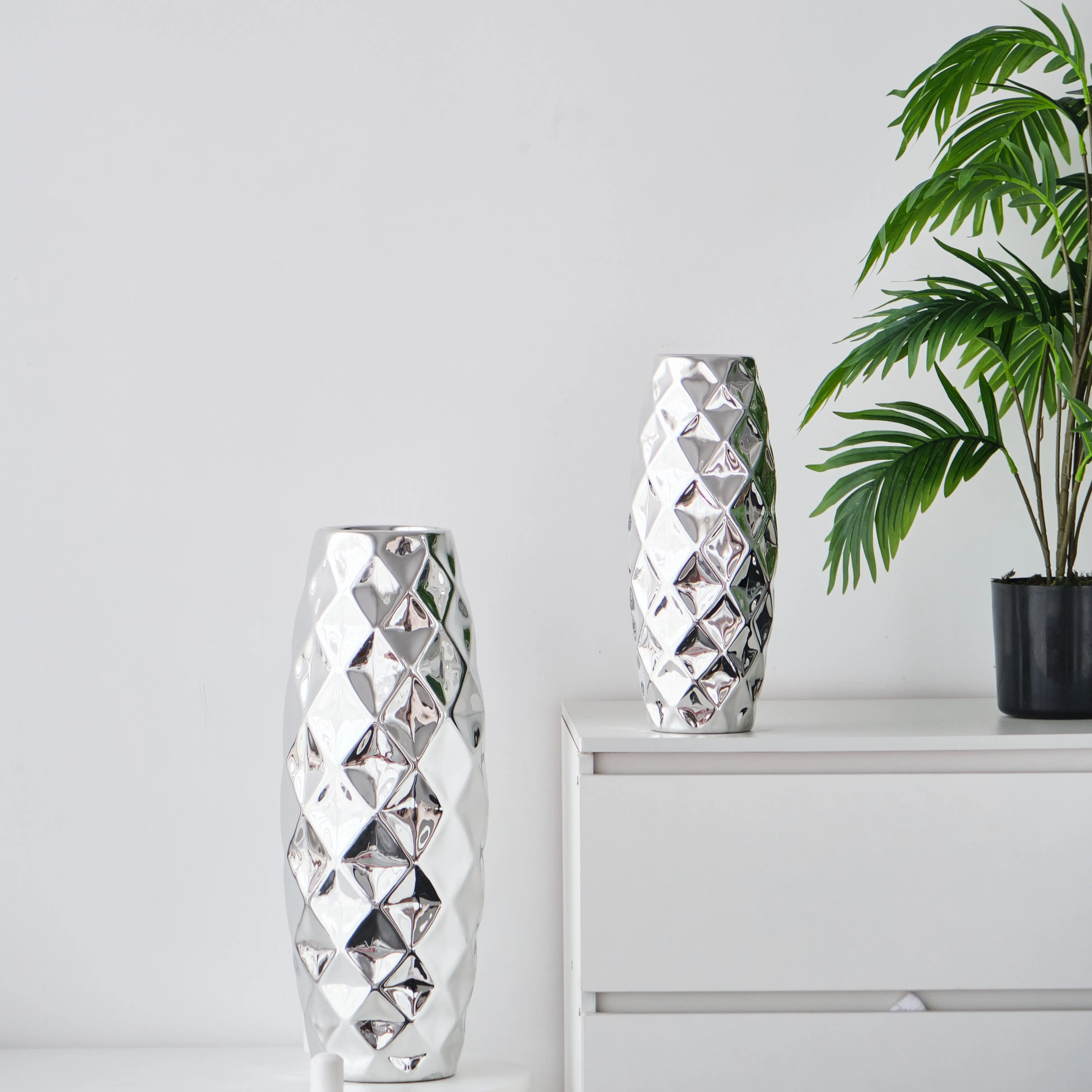 Wedding Ceramic Porcelain Home Decor Vase Luxury Electroplating Diamond Design Silver Vase