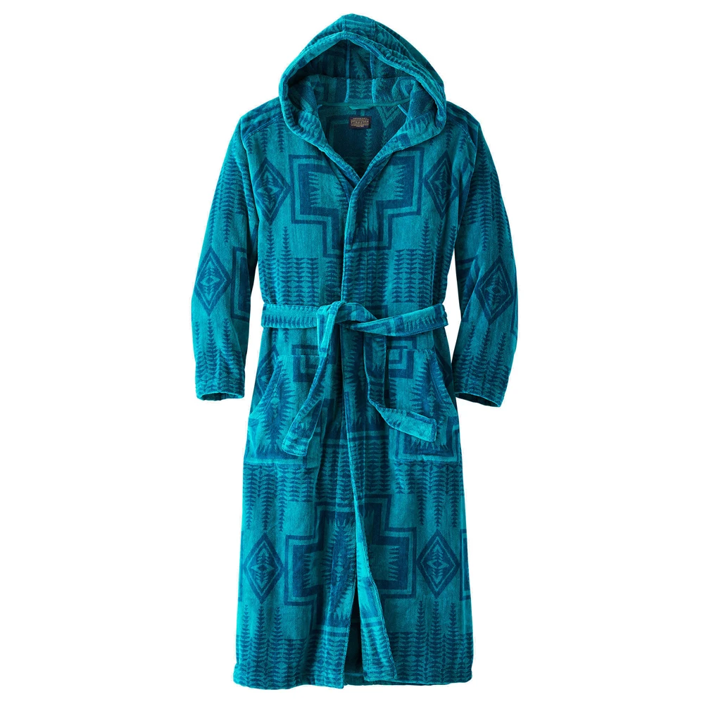 
Hooded Collar and Self Belt Raglan Sleeves Mens Jacquard Cotton Terry Bathrobe Bath Gown with Two Pockets Bademantel 