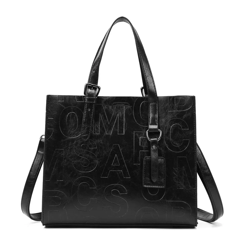 Tote bag large capacity PU leather with letters press pattern tech women bag for work docments bag fashion collection design