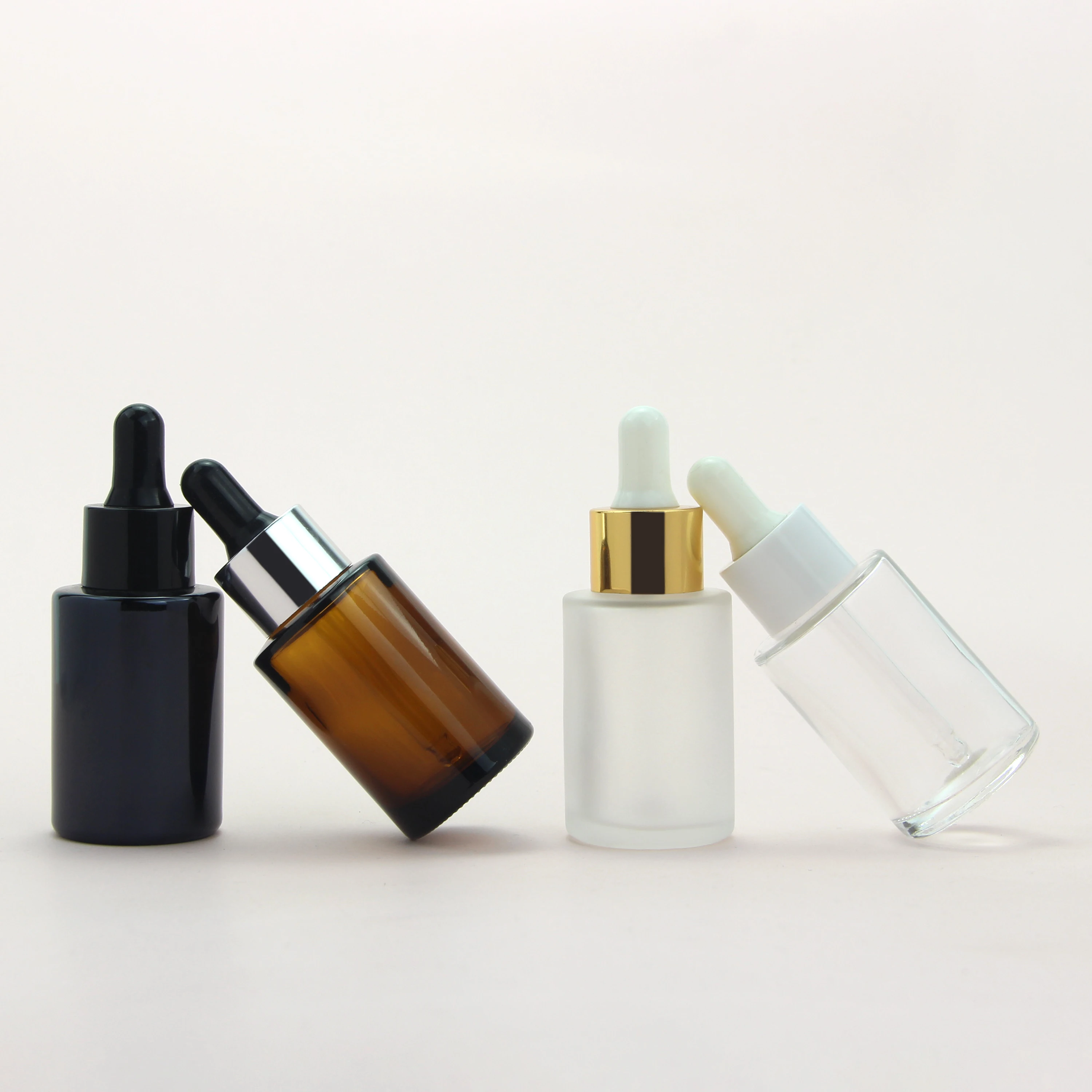 Wholesale 30ml 1oz Face Serum Oil Bottles Clear Frosted Amber Black Flat Shoulder Glass Dropper Bottle