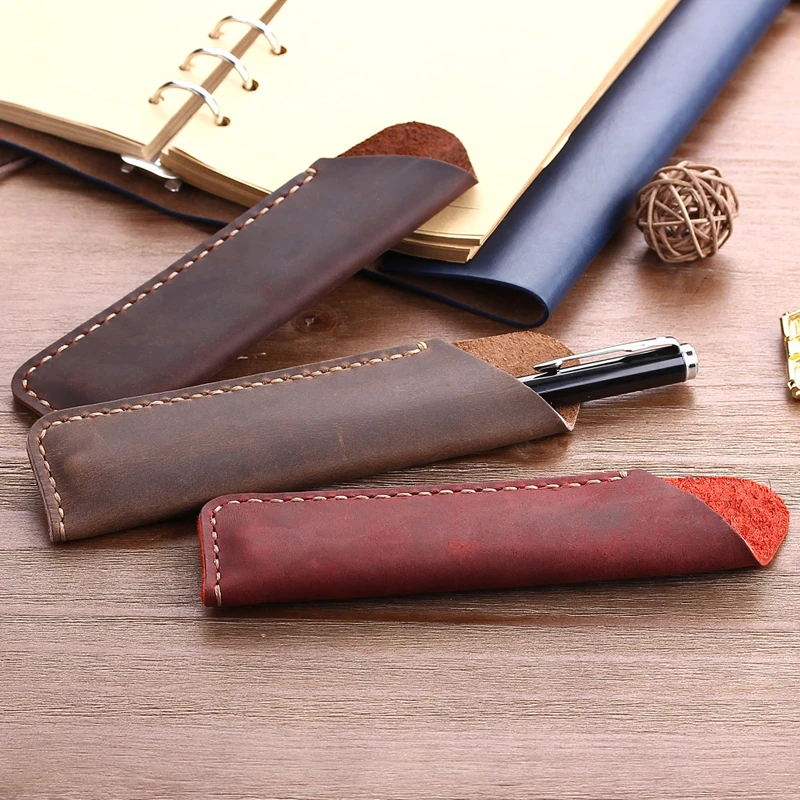 Custom Logo Vintage Genuine Leather Pencil Case Office Crazy Horse Leather Pen Sleeves Pouch Holder