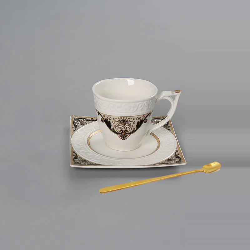 Набор из 6 чайных комплектов, прочная рельефная фарфоровая чашка для кофе, чая и блюдца, чайная чашка из костяного фарфора, 200 мл, 6 чашек, 6 блюдец, 6 ложек