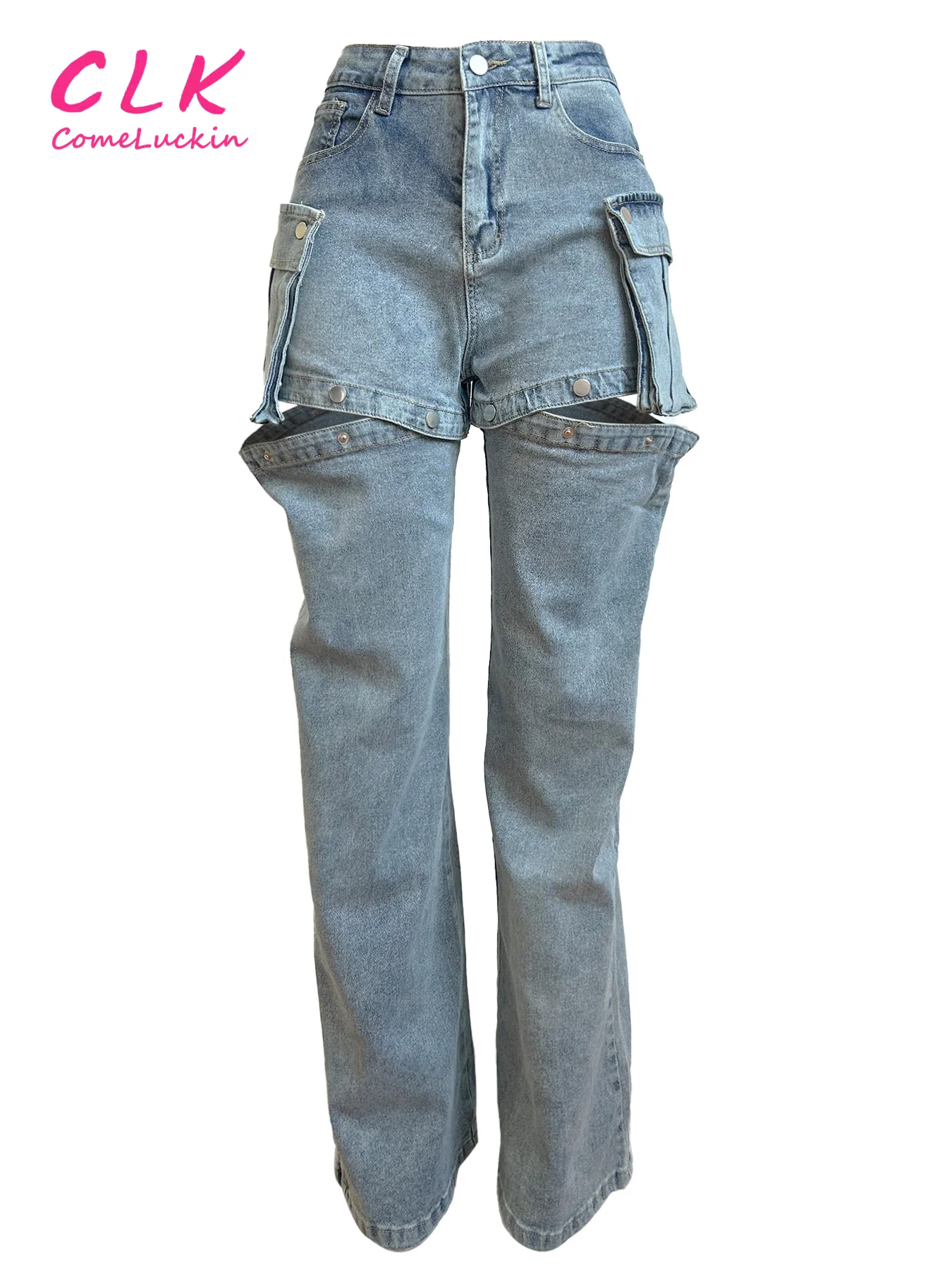 Denim Cargo Pants Women Spring Multi Pockets Loose Straight Pants Button Fly High Waist Loose Straight Baggy Jeans Trousers