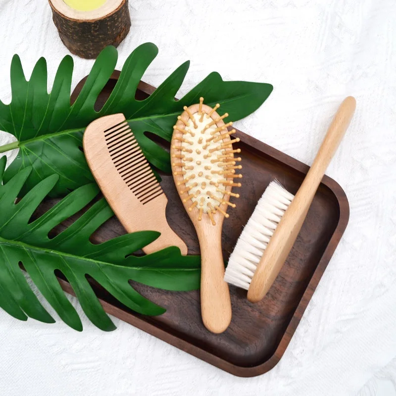 Wholesale 5PCS Natural bambo LOGO Goat Bristle  Silicone Bath Brush Wood  Newborn  Shower bamboo Baby Hair Brush and Comb Set