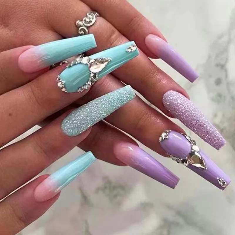 High quality luxury diamond false nails extra long coffin fake nails tip c curve ABS elegant design press on nails
