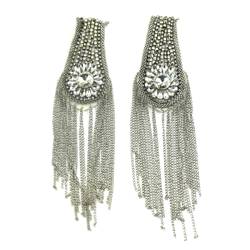 Clear Triangle crystal 3D Handmade beading patches applique pairs with chain fringe for garment shoulder embellishment