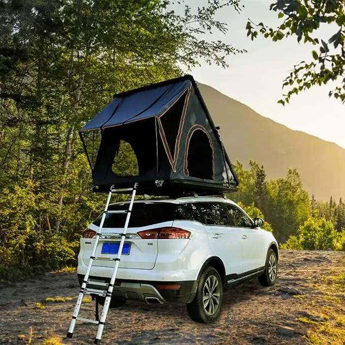 Yescampro Camping Aluminum 4 Person Top Roof Tent, Triangle Car Rooftop Tent Clamshell Black Gray Hard Shell Roof Top Tent