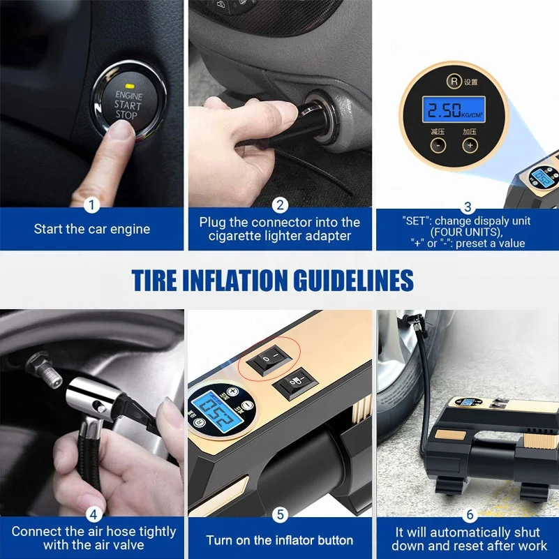 Air Compressor Tire Inflator 12V Portable Air Compressor w/ Digital Pressure Gauge LED Light Auto Tire Pump for Car Tire Bicycle