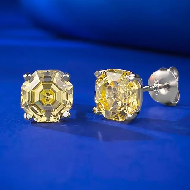 925 Sterling Silver 18K White Gold Plated Clear Yellow Asscher Cut Cubic Zirconia Stud Earrings for Women