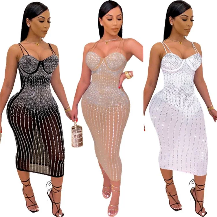 Wholesale 2022 Women Lady Elegant Dress Party Design Trendy Fashion Rhinestone Night Club Mesh Casual Maxi Sexy Evening Dresses