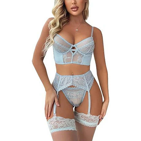Womens Naughty Exotic Lace Garter Belt Matching Body doll Sexy Lingerie Set 4 Piece Underwire Bra and Panty With Stockings