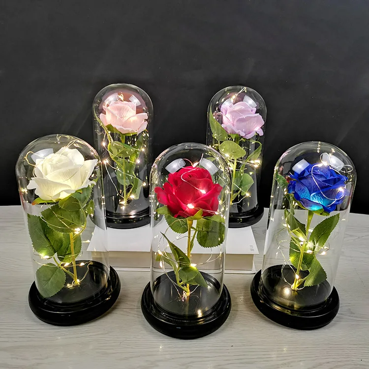 Beauty and The Beast LED Forever Flower Valentines Day Gift Box Eternal Long Life Roses Preserved Roses In Glass Dome