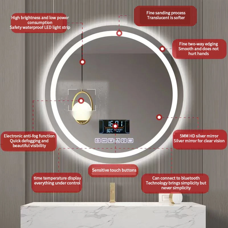 Creative Modern Design Smart Mirror Bathroom Round LED Wall-Mounted Frameless Art Bath Mirrors