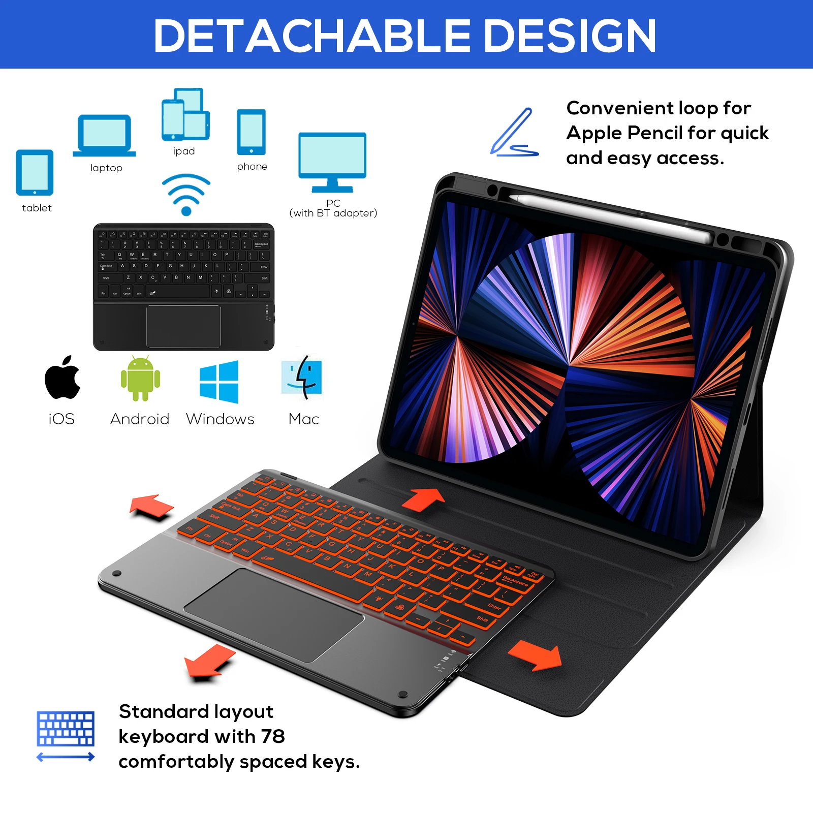 
12.9 Smart Cover Keyboard Touch Folio Backlit Keyboard with Trackball for iPad Pro 