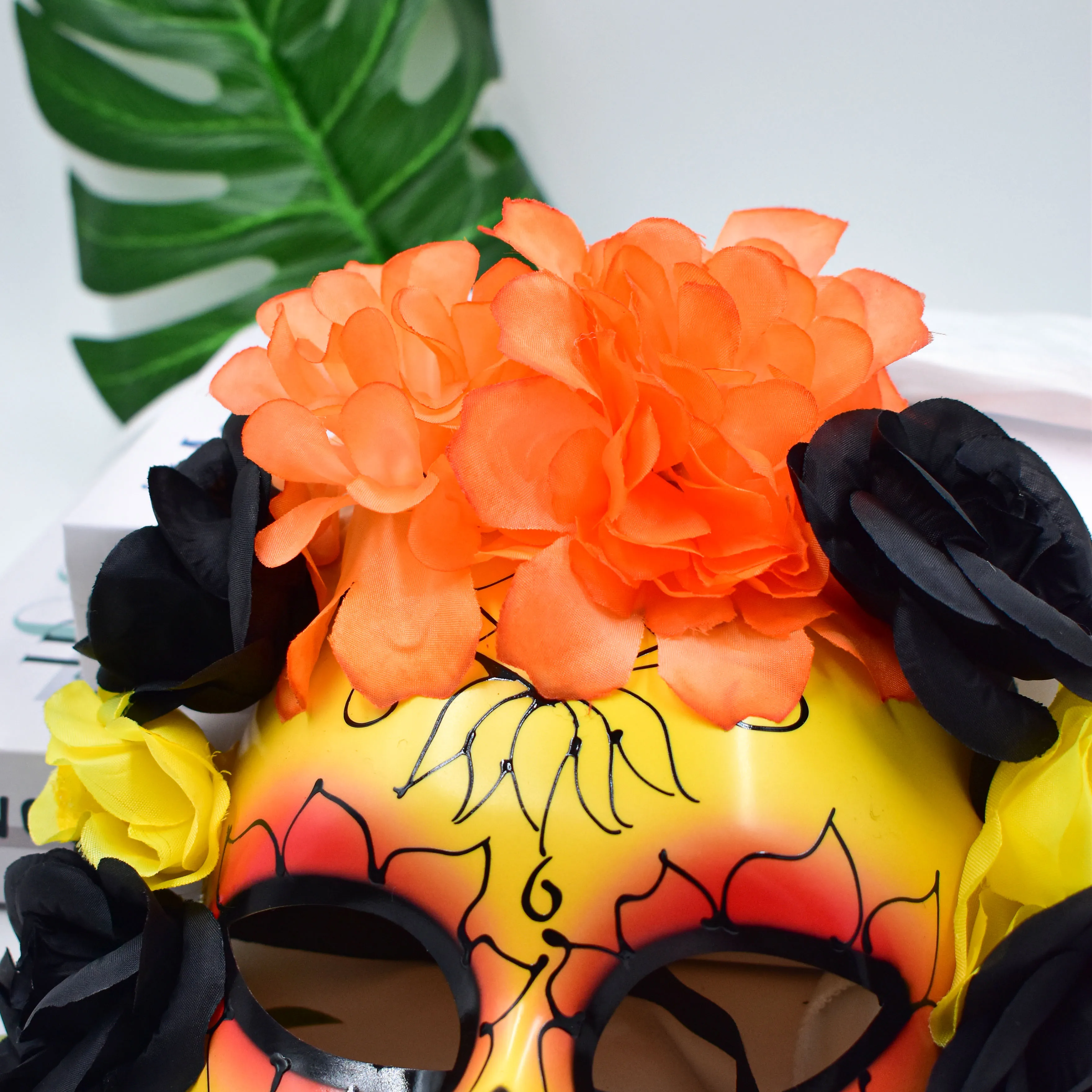 New Horror Half Face Mask Halloween Anonymous Masquerade Yellow And Black Flower Costume Props For Day Of The Dead