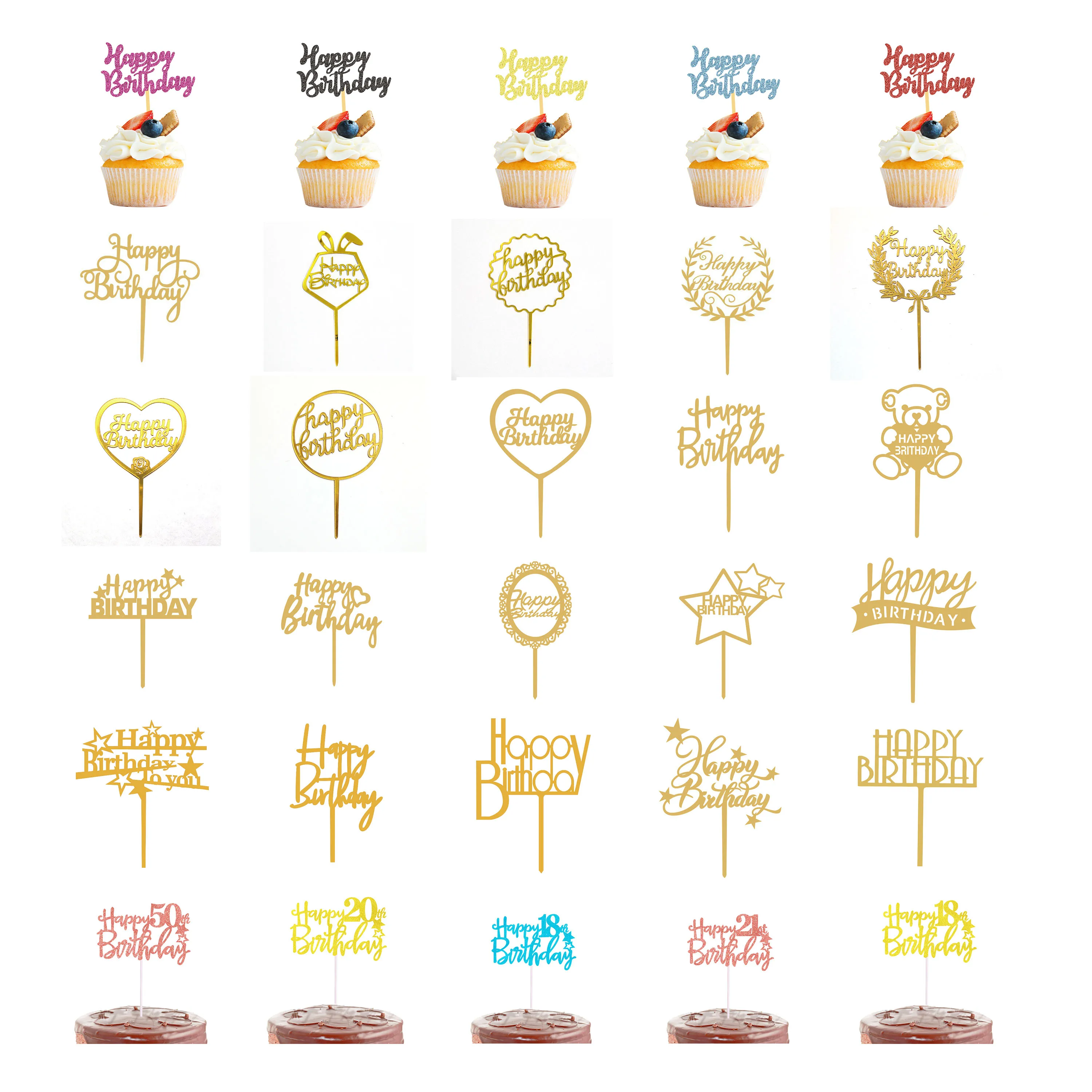 Ychon Geometry Round Letter Cake Toppers Gold Acrylic Cake Topper Happy Birthday Wedding Party Cupcake Toppers for Party Decor