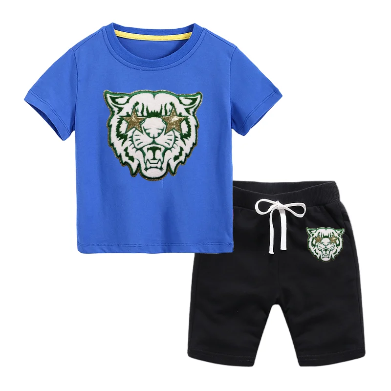 Customization 2024 Summer New Style Boys Clothing sets Solid Casual Tiger Pattern T-shirts Shorts Two Pieces Set