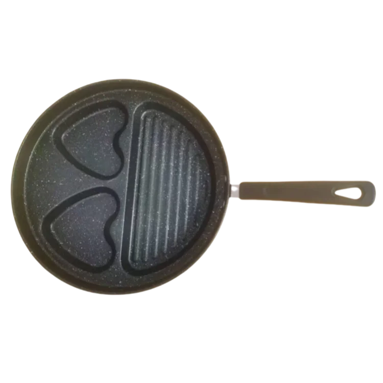 Hot Sell Fried Eggs Bacon Steak Stainless Steel Insulated Handle Maifan Stone Material Heart Shape Three Hole Frying Pan
