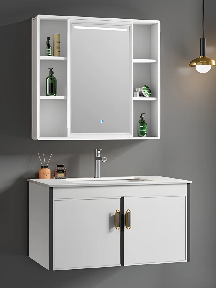 Led lighting modern design mdf floating wash basin stainless steel medicine mirror smart led bathroom cabinet vanity