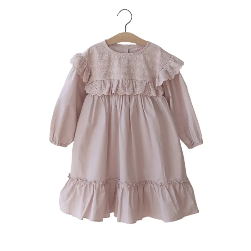 Wholesale Product Baby Girls Autumn Linen Cotton Dresses Girls Flower Ruffled Long Sleeves Spin Dresses