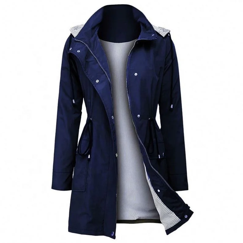 Factory Casual Hooded Collect Waist Rainwear Ms Long Windbreaker Rain Jacket In Women Trench Coat
