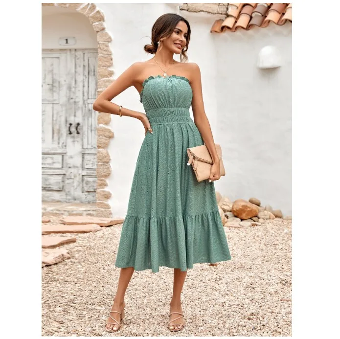 Summer Solid Color Bohemian Beach Dress Strapless Dress Women High Quality Sexy Elegant Beautiful Ladies Casual Dress