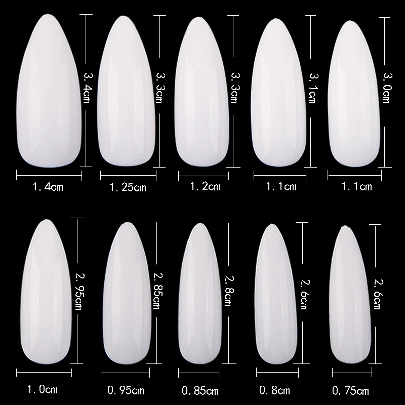DongGuan 10 size Natural Transparent white 600 pieces almond nail tip with box Full Cover Fingernail ABS Artificial nails