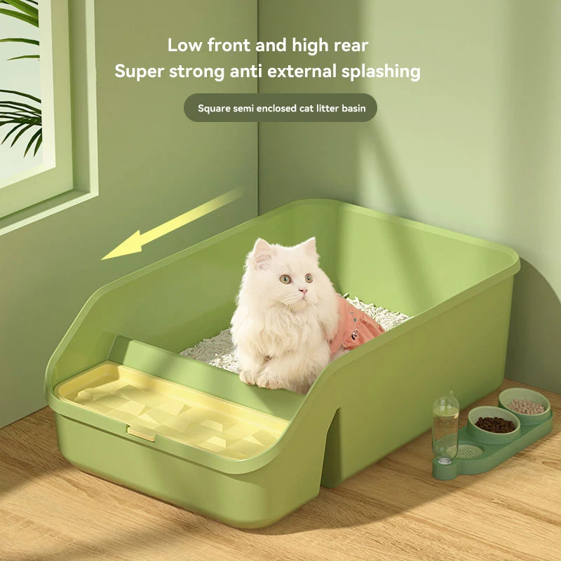 2023 Reusable Cat Litter Box Sifting Green Square Shape Cat Toilet Anti-splash Litter Tray Large Space Cat Litter Box
