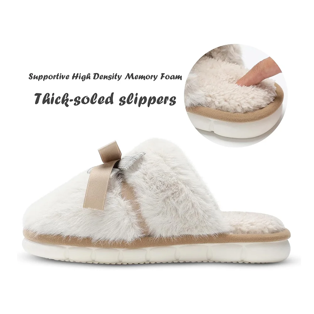Memory Foam House Slippers with Butterfly Tie for Women Fuzzy Plush Comfy Faux Fur Slippers Anti-Skid Indoor Outdoor Slippers