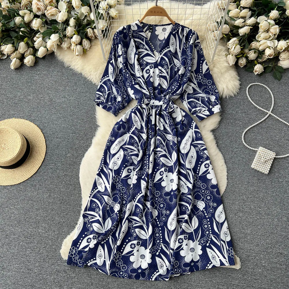 Summer Full Sleeve V-neck Floral Chiffon Casual Dress Women High Waist Midi A-Line Dress Ladies Retro Dresses Clothes Women