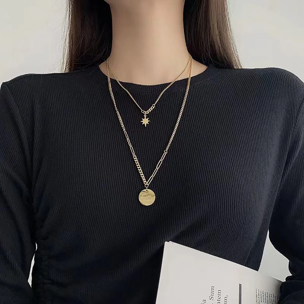 Trendy Unisex Eight-Pointed Star Pendant Necklace Fashionable Double-Chain Accessory with Link Chain Made Durable Copper Gift