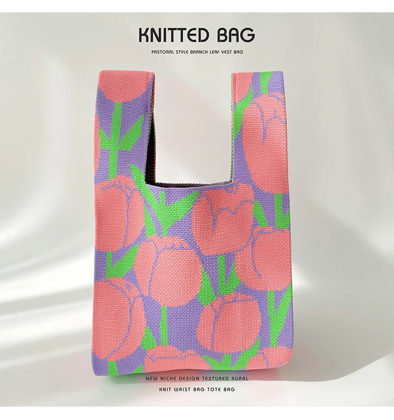 Fashion Design Flower Pattern Knitted Handbag Cute Ladies Casual Crochet Wallet Knitted Tote Bag