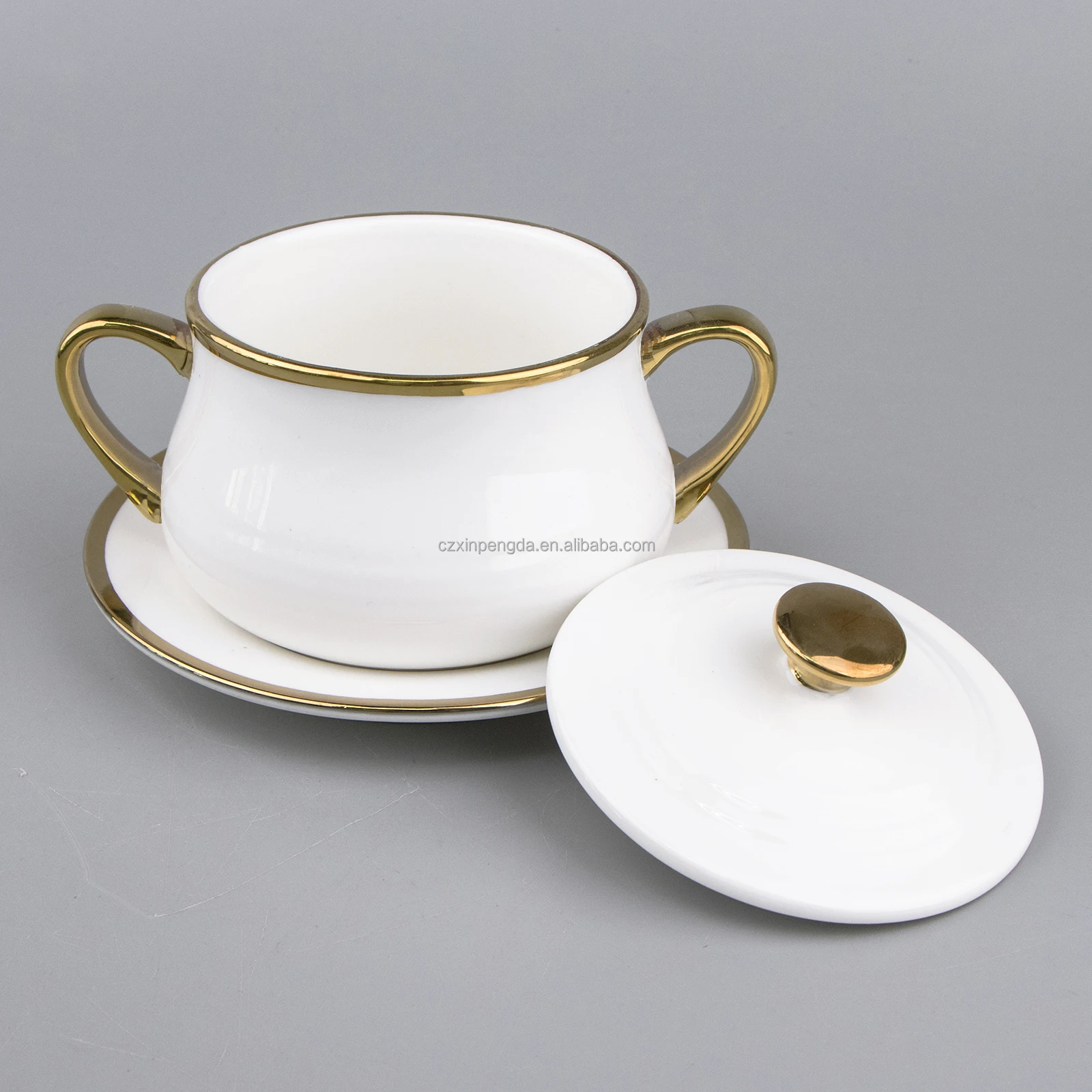 French Double Ear Luxury Deep Bowl Ceramic Soup Bowl Set With Lid with Gold Rim