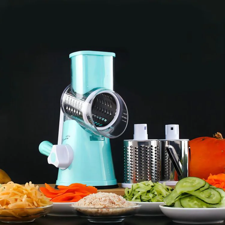 Multifunctional drum vegetable cutter garlic press  with 3 Interchangeable kitchen manual vegetable and potato Spiral Slicer