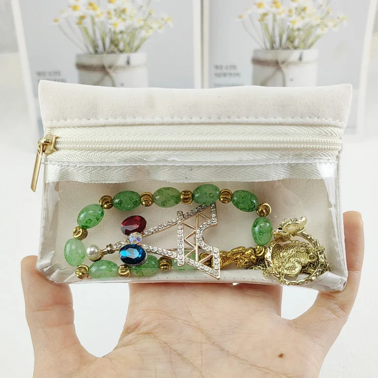 Luxurious custom velvet pvc jewelry pouch Pu leather zipper jewelry packaging pouch bag with logo for jewelry