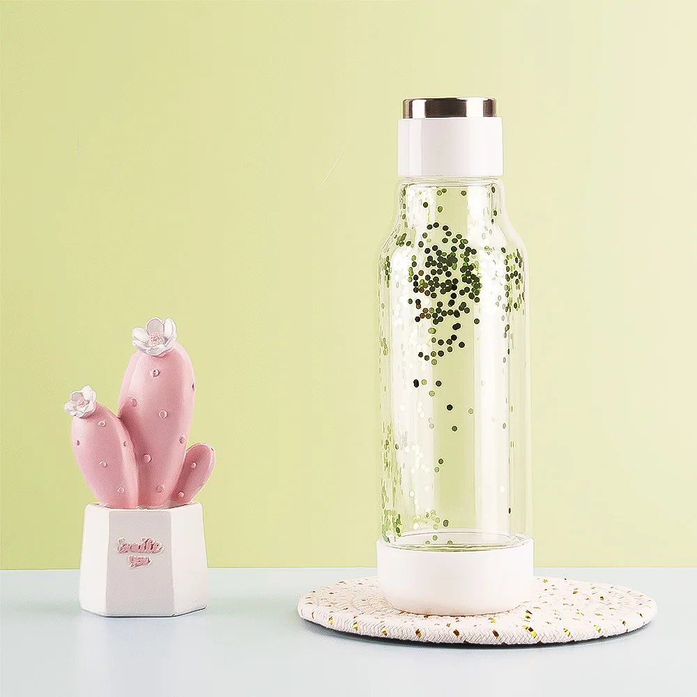Double Walled Borosilicate  Glass Water Bottles Straight Pre-drilled Snow Globe Mugs Glitter Cups