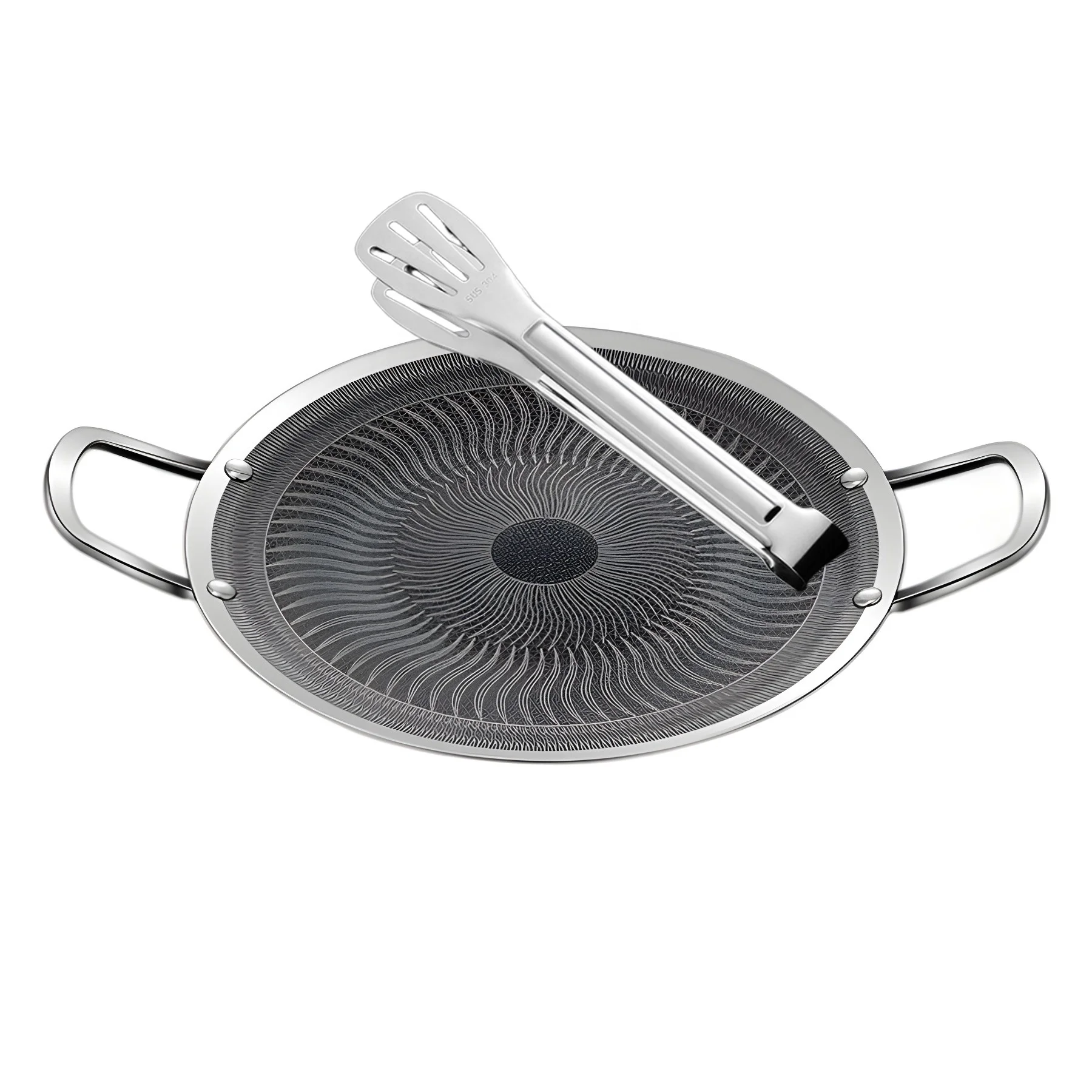 34cm Triply stainless steel 316 grill frying pan with non stick coating griddle pan with 12 inch kitchen food tong more durable