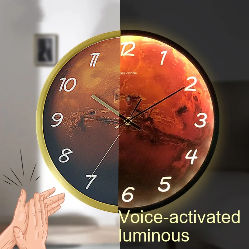 Wall Clock Living Room Dining Room Table Hanging Wall Simple Creative Led Voice-activated Light Mars wall Clock