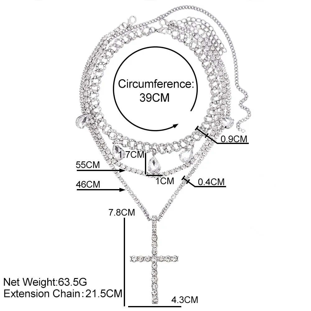 Fashionable Blilng Full Rhinestones Cross Pendant Multilayer Necklace For Women Iced Out Tennis Cuban Link Chain Hip Hop Jewelry