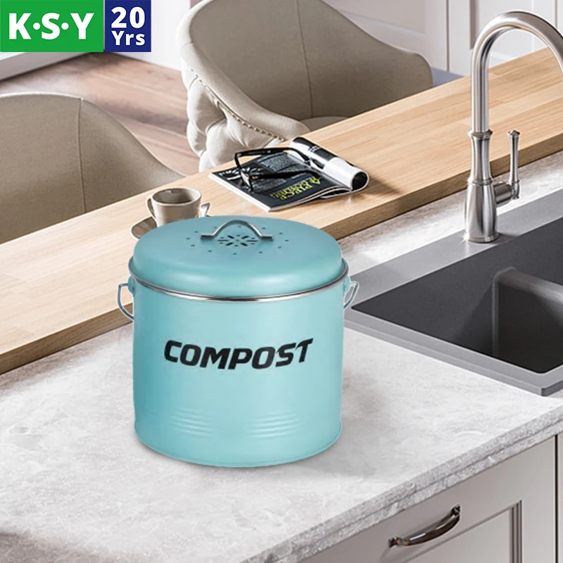 Wholesale powder coated countertop waste bin with inner liner metal compost bin charcoal filter kitchen compostable bin