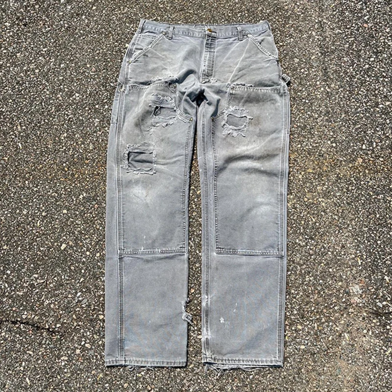 Custom Logo Heavy 14 Oz Distressed Duck Waxed Canvas Carpenter Work Pants Men Double Knee Worker Pants Canvas Workwear