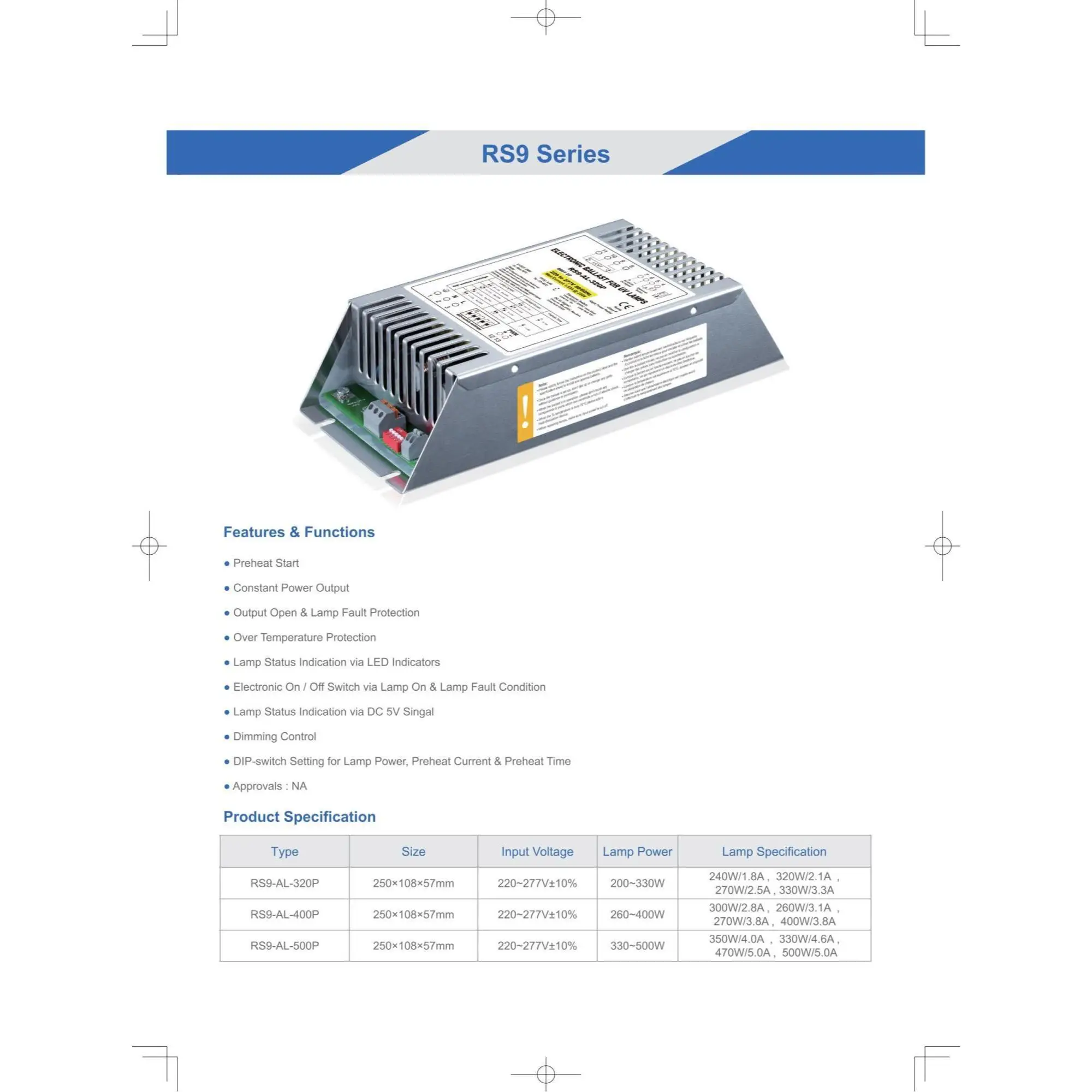 Отличная цена RS9-AL-400P 300W/2.8A 260W/3.1A 270W/3.8A 400W/3,8 W UV лампа Электронный балласт поставщик